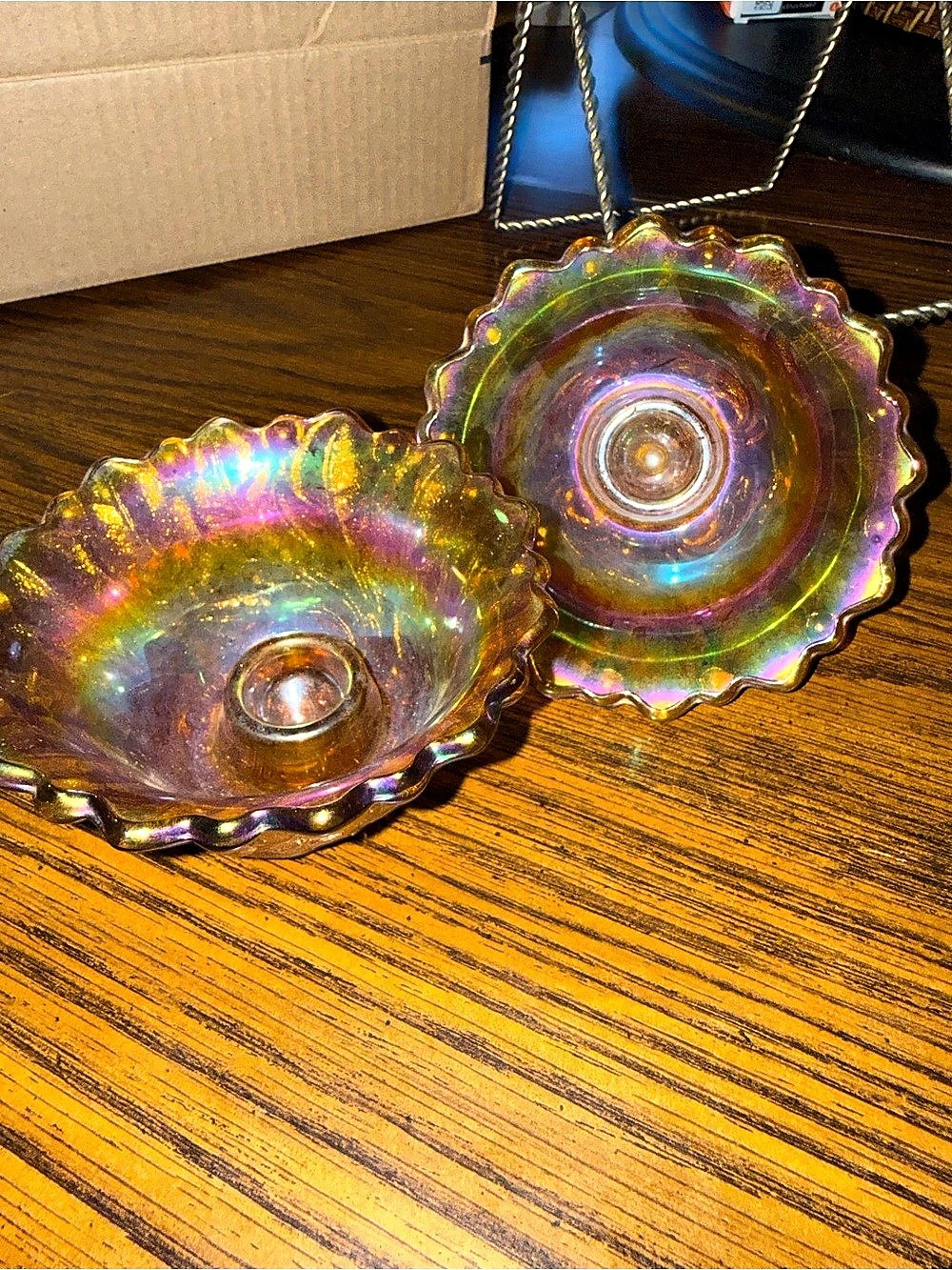 Fenton Marigold Carnival Glass Candle Holders Water Lily Cattail